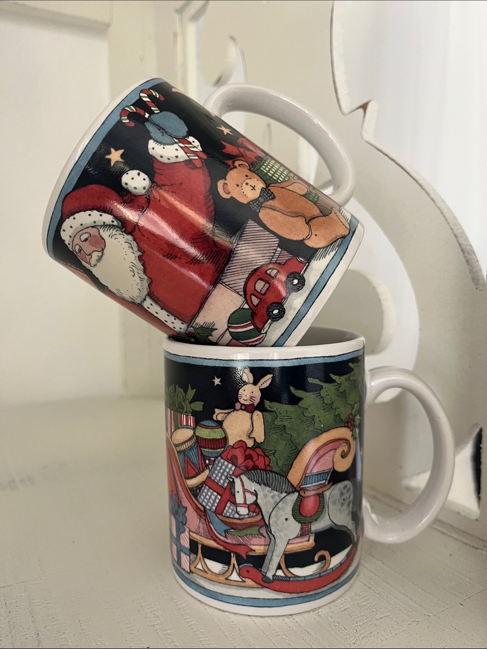 Set of 2 Christmas Teddy Bear Santa Sleigh Mugs Holiday Decor Susan Winget